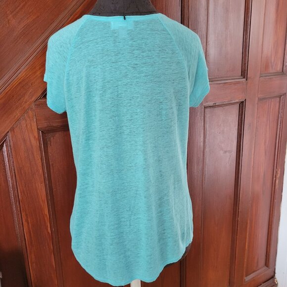 JCP Turquoise Short Sleeve 100% Linen Womens Top Geometric Floral Print Size M - Picture 3 of 9